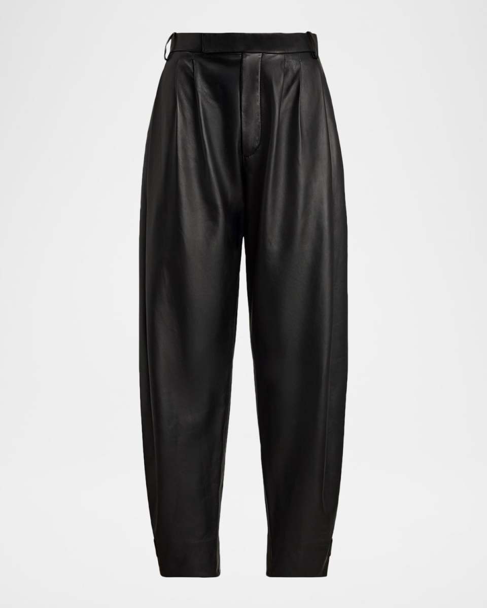 Jeanne Pleated Leather Barrel Ankle Pants